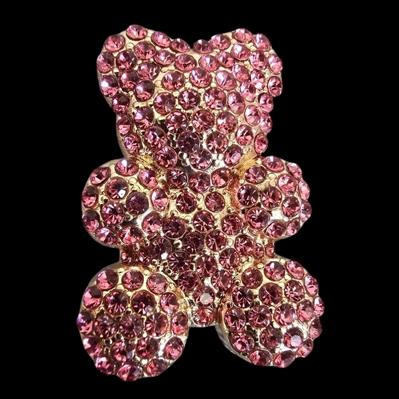 Teddy Bear Rhinestone Hot Pink Gold Brooch Lapel Scarf Crystal - Picture 2 of 3